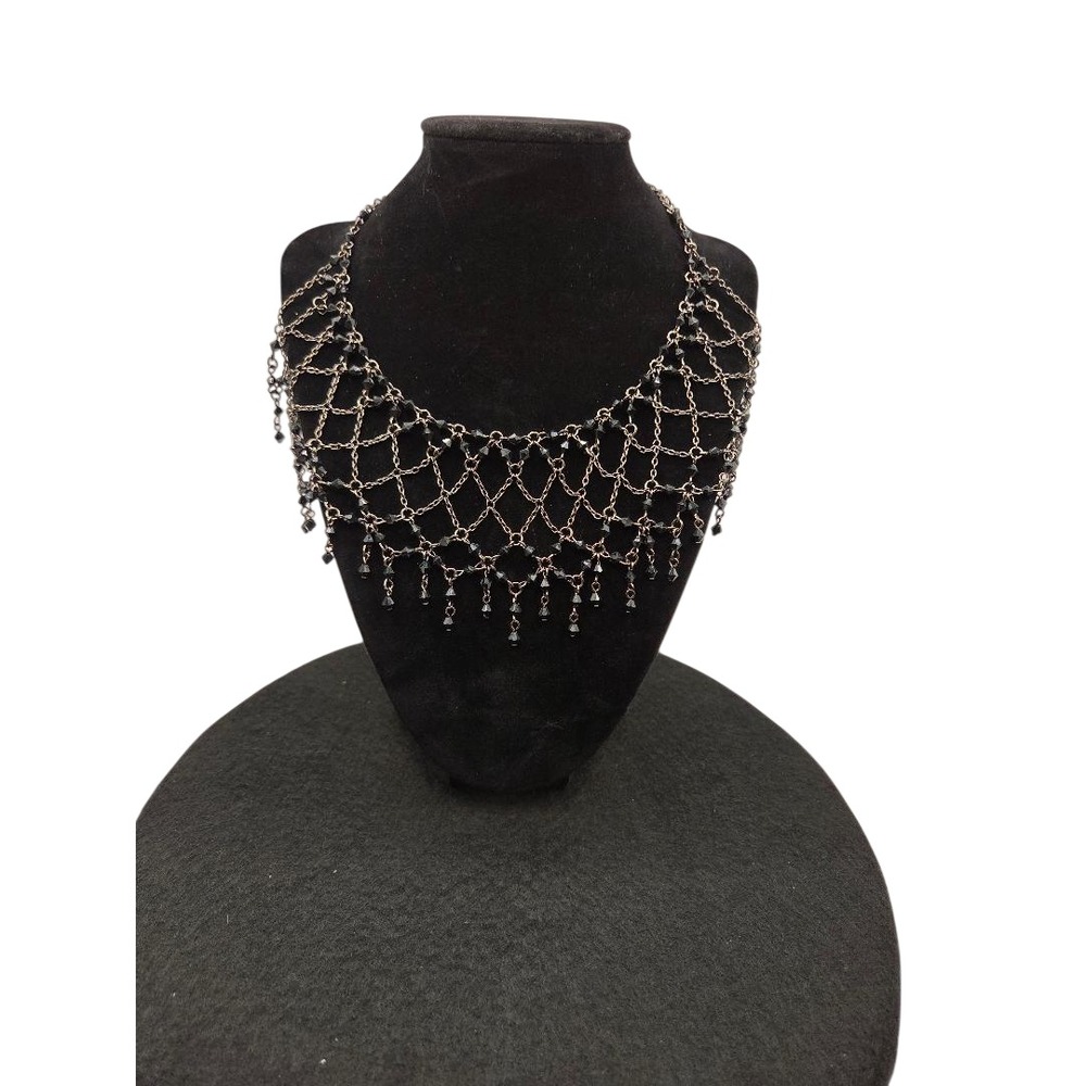 Gothic Chainmail Bib Necklace Black Crystal Fringe Statement Collar